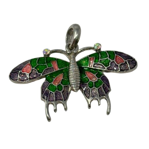 Butterfly Pendant With Colorful Enamel Wings Silver-Tone Metal Base - Picture 1 of 5
